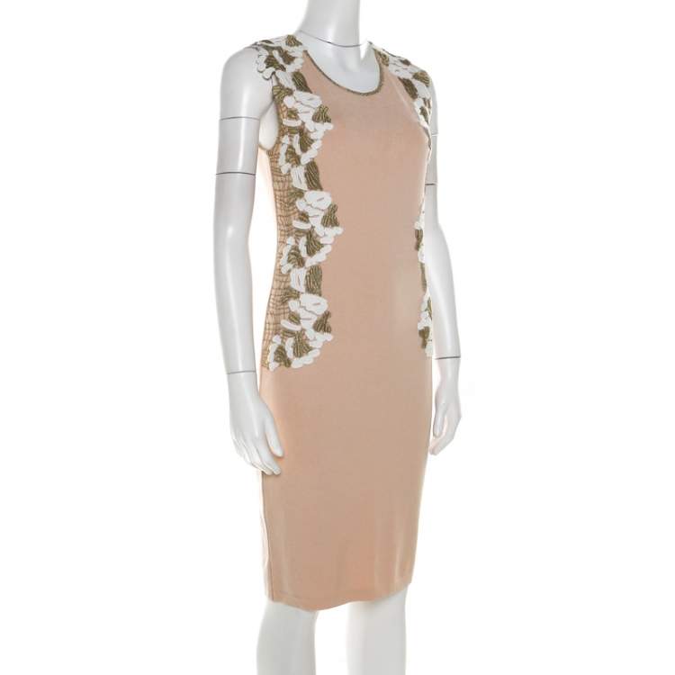 Pre Owned Blumarine Beige Knit Gold Embroidered Detail Dress M