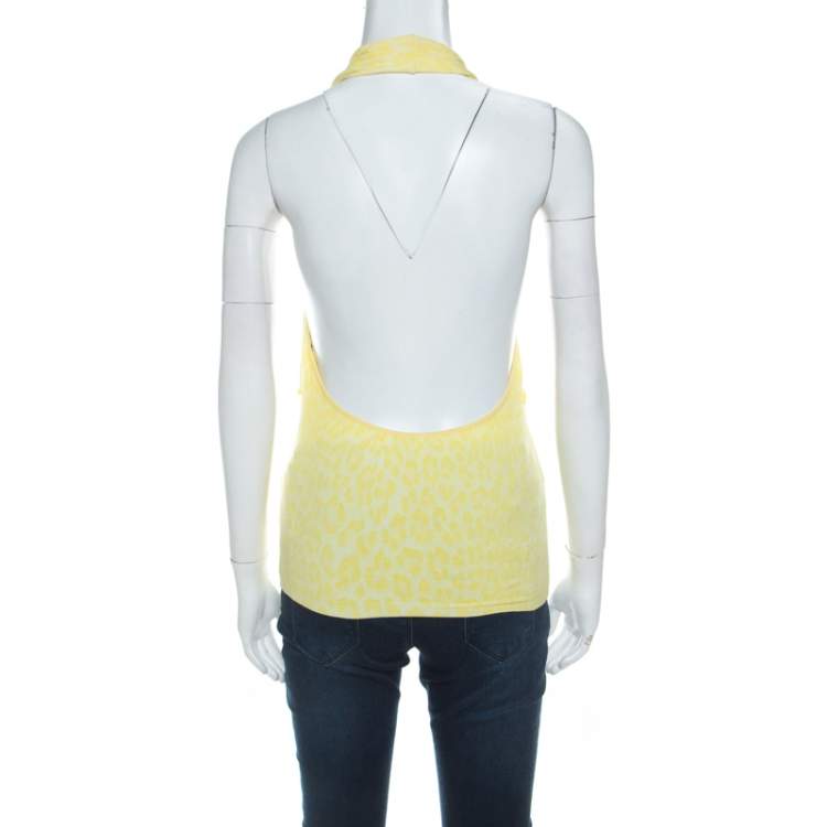 Pre Owned Blumarine Yellow Animal Patterned Jacquard Bead Embellished Backless Halter Top M