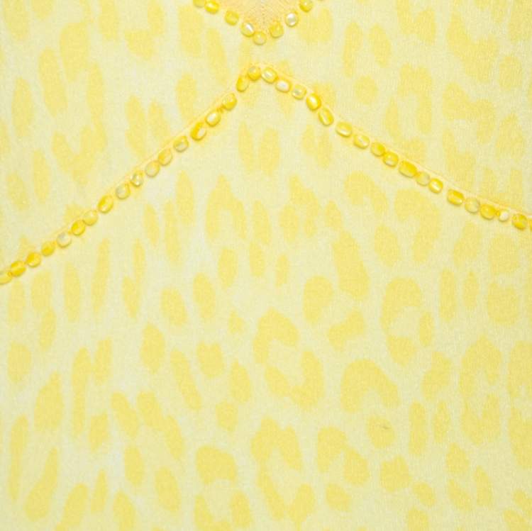 Pre Owned Blumarine Yellow Animal Patterned Jacquard Bead Embellished Backless Halter Top M