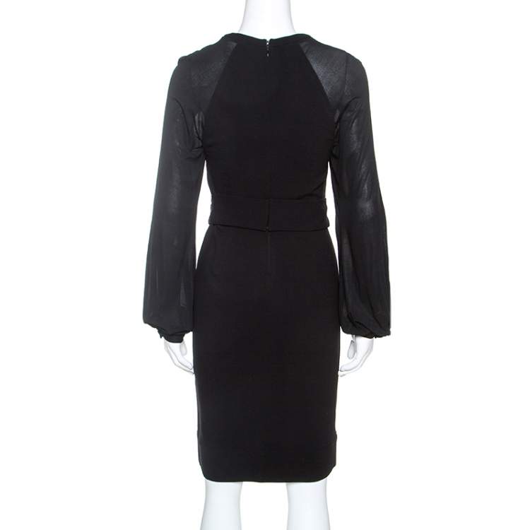 مملوكة مسبقًا Blumarine Black Stretch Wool Crepe Embellished Belted Sheath Dress S
