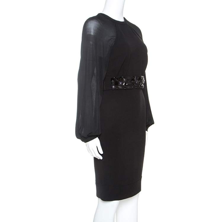 مملوكة مسبقًا Blumarine Black Stretch Wool Crepe Embellished Belted Sheath Dress S