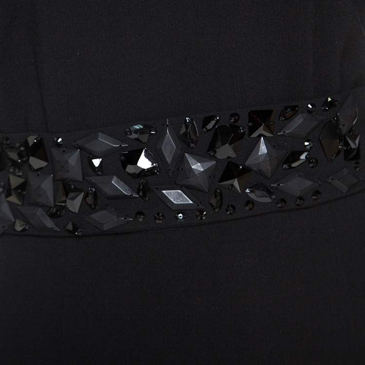 مملوكة مسبقًا Blumarine Black Stretch Wool Crepe Embellished Belted Sheath Dress S