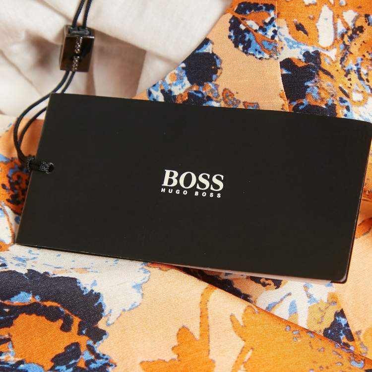 Pre Owned Boss By Hugo Boss Orange Floral Print Silk Short Dress M