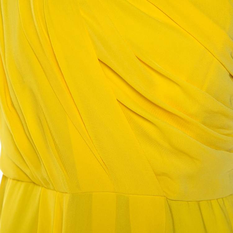 Pre Owned Boss By Hugo Boss Yellow Crepe Pleated Sleeveless Drapira Dress L