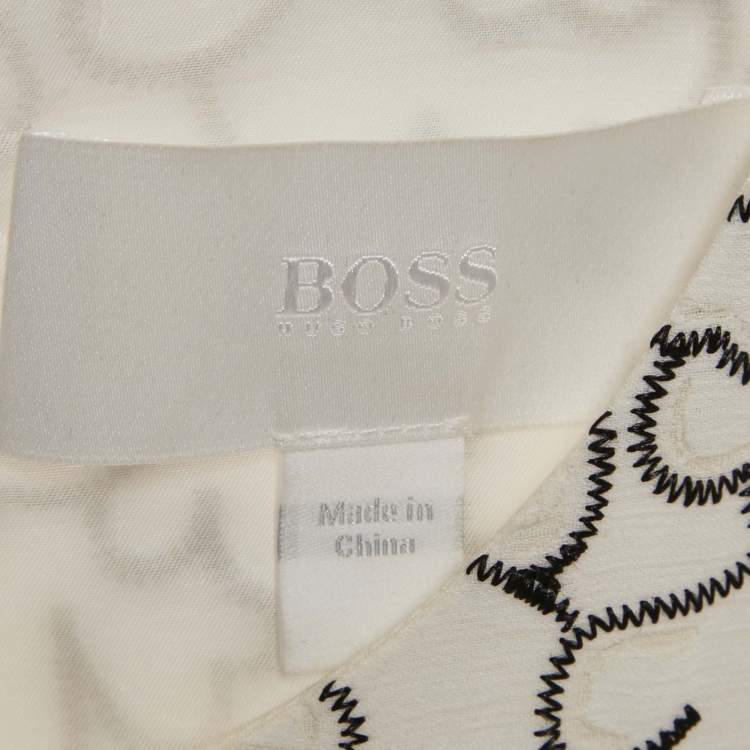 Pre Owned Hugo Boss White Embroidery Crepe Belted Sleeveless Knee-Length Dress L