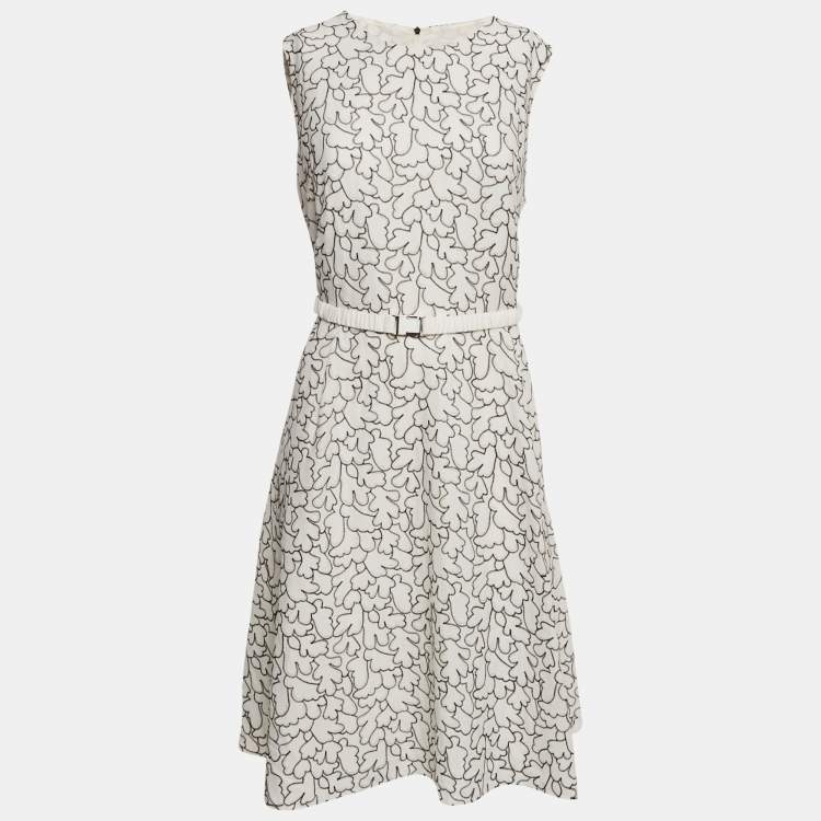 Pre Owned Hugo Boss White Embroidery Crepe Belted Sleeveless Knee-Length Dress L
