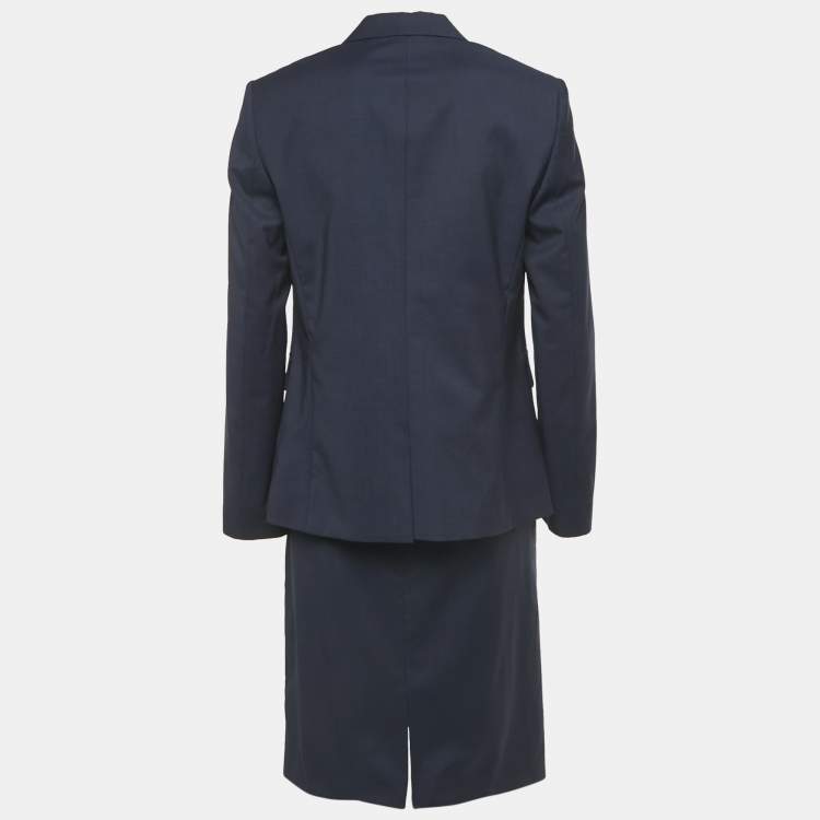 Pre Owned Boss By Hugo Boss Navy Blue Pattered Wool Blazer & Skirt Set M