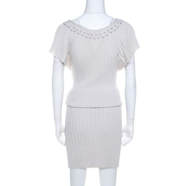 Pre Owned Boss Orange by Hugo Boss Grey Ribbed Stretch Knit Belted Dress XS