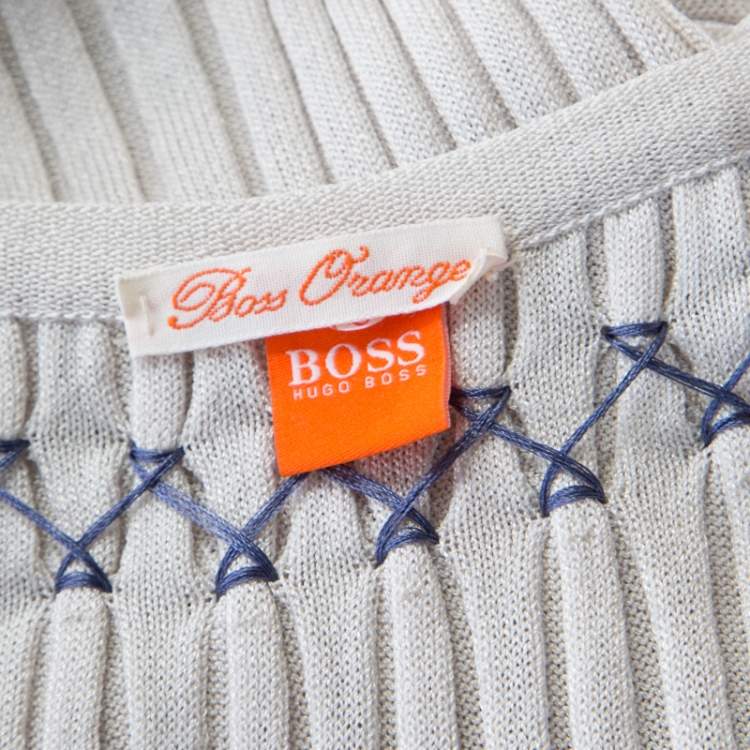 Pre Owned Boss Orange by Hugo Boss Grey Ribbed Stretch Knit Belted Dress XS