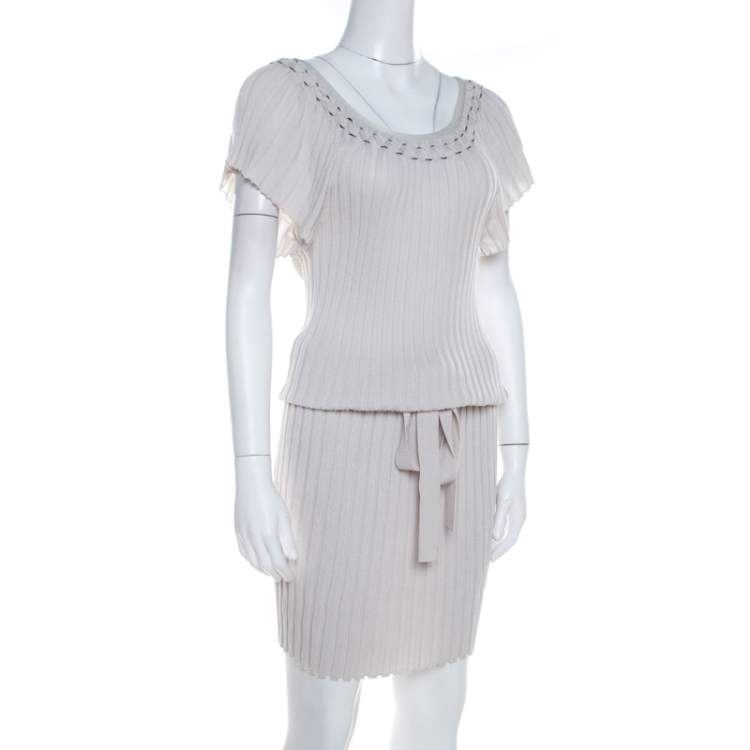 Pre Owned Boss Orange by Hugo Boss Grey Ribbed Stretch Knit Belted Dress XS