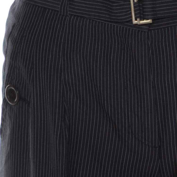 Pre Owned Boss Hugo Boss Black Pinstriped Cotton Wide Leg Belted Trousers S