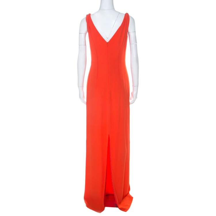 Pre Owned Boss By Hugo Boss Orange Crepe V-Neck Long Sleeveless Dress M