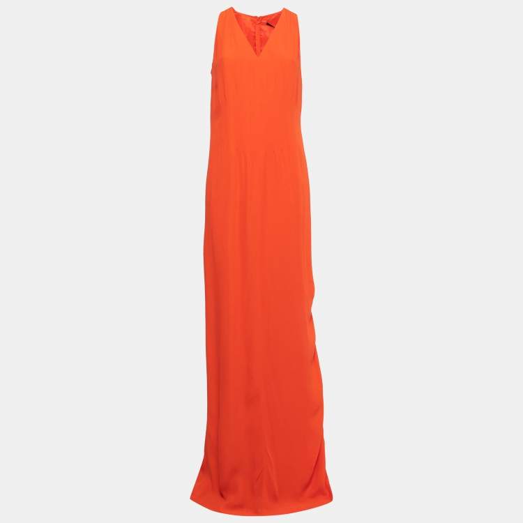 Pre Owned Boss By Hugo Boss Orange Crepe Sleeveless V-Neck Slit Detail Maxi Dress M