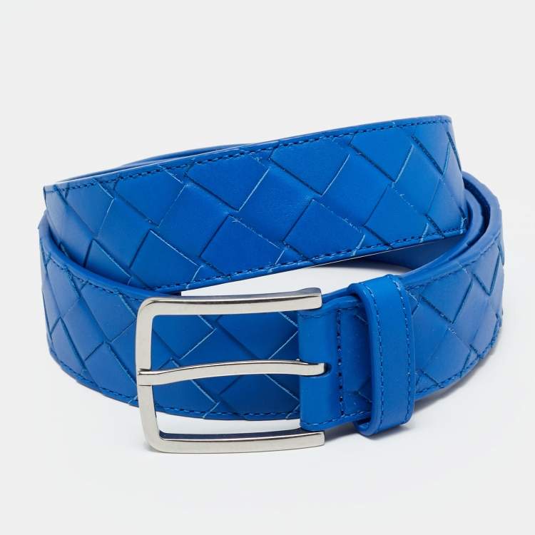 Pre Owned Bottega Veneta 100 CM Buckle Belt Blue Intrecciato Leather