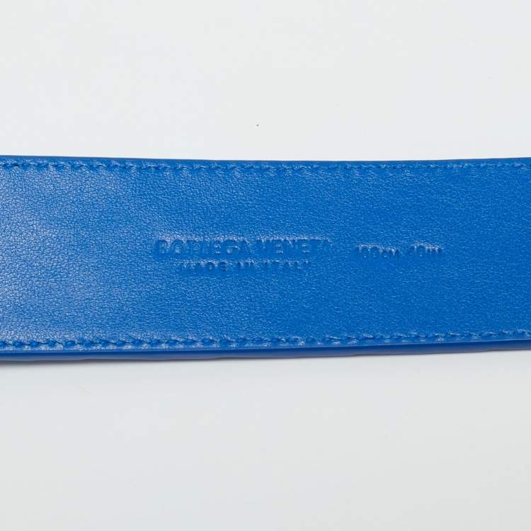Pre Owned Bottega Veneta 100 CM Buckle Belt Blue Intrecciato Leather