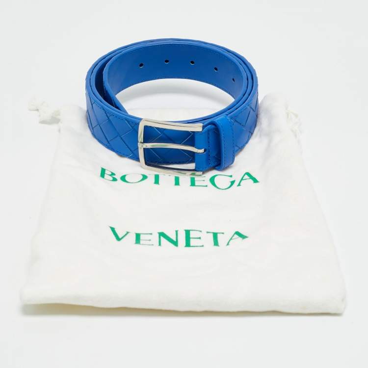 Pre Owned Bottega Veneta 100 CM Buckle Belt Blue Intrecciato Leather