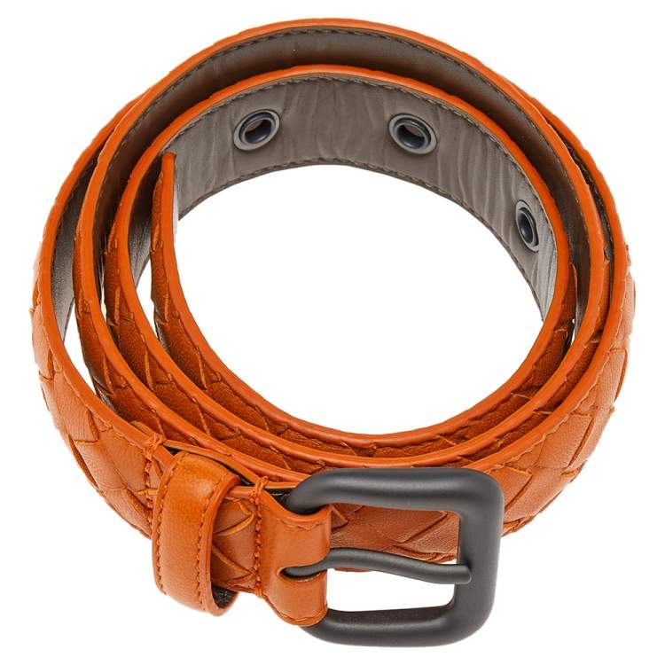 Pre Owned Bottega Veneta Orange Intrecciato Leather Belt 80CM