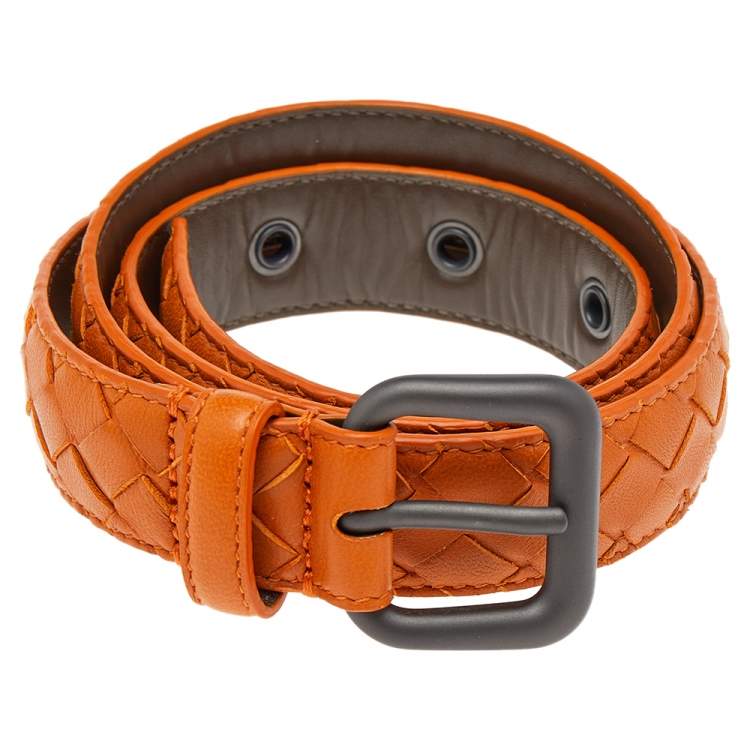 Pre Owned Bottega Veneta Orange Intrecciato Leather Belt 80CM