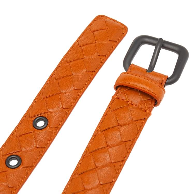 Pre Owned Bottega Veneta Orange Intrecciato Leather Belt 80CM