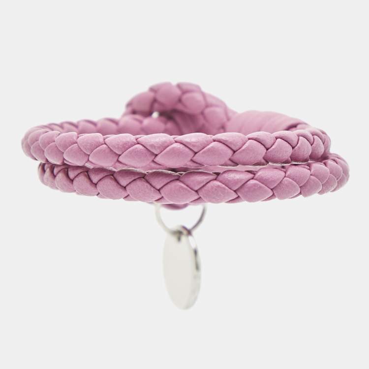 Pre Owned Bottega Veneta Intercciato Leather Silver Tone Bracelet