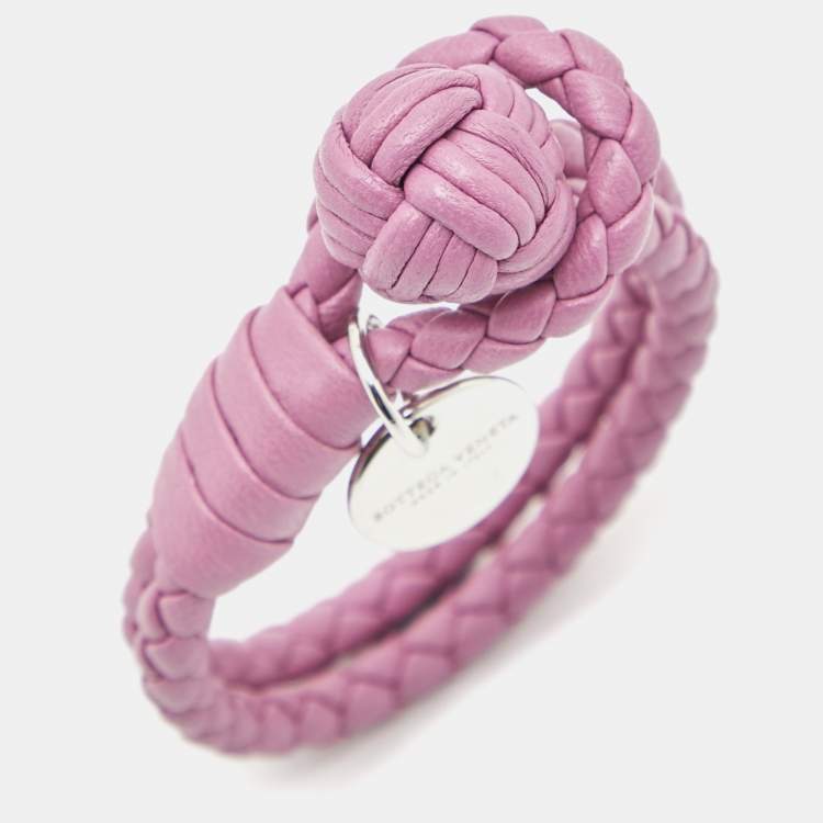 Pre Owned Bottega Veneta Intercciato Leather Silver Tone Bracelet