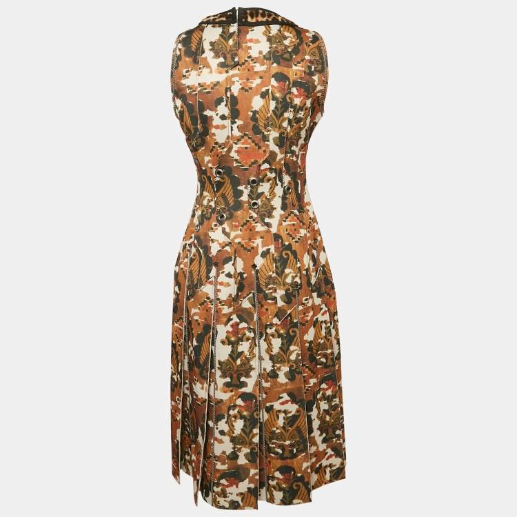 Pre Owned Bottega Veneta Yellow Printed Jersey Pleated Midi Dress M