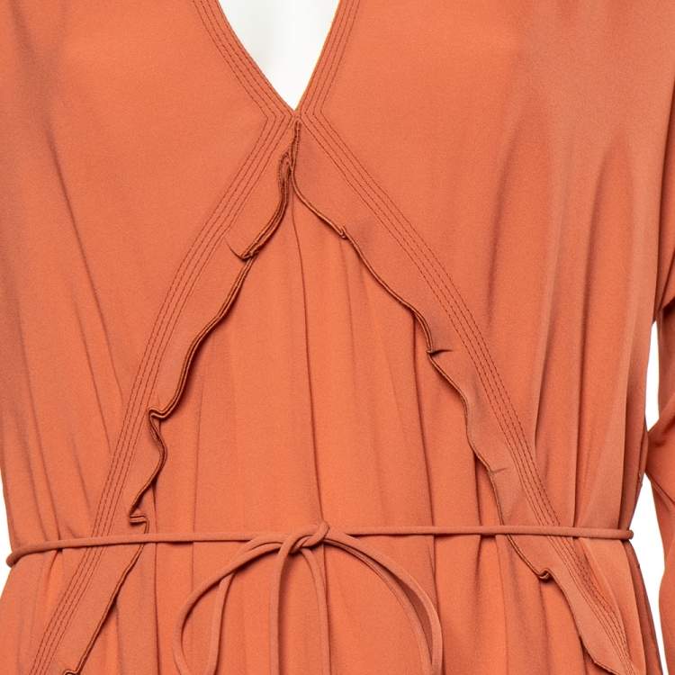 Pre Owned Bottega Veneta Dusky Orange Silk Georgette Belted Fluid Maxi Dress L