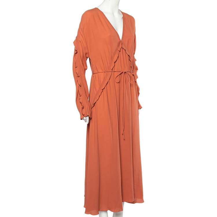 Pre Owned Bottega Veneta Dusky Orange Silk Georgette Belted Fluid Maxi Dress L