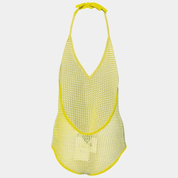 Pre Owned Bottega Veneta Yellow Open-Knit Halter Neck Bodysuit L