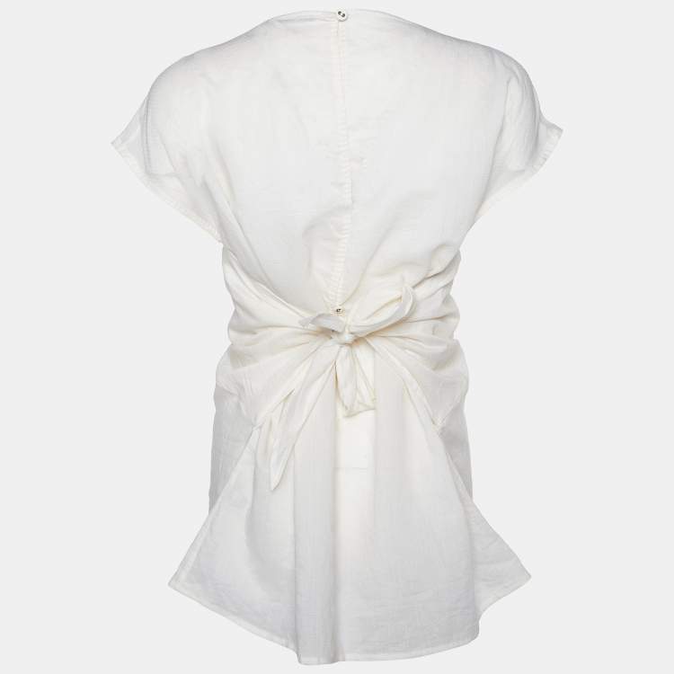 Pre Owned Bottega Veneta Cream Cotton & Silk Tie Detail Top M