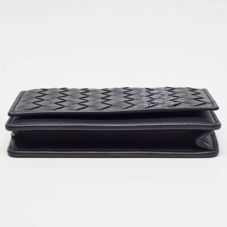 Pre Owned Bottega Veneta Navy Blue Intrecciato Leather and Snakeskin Business Card Holder