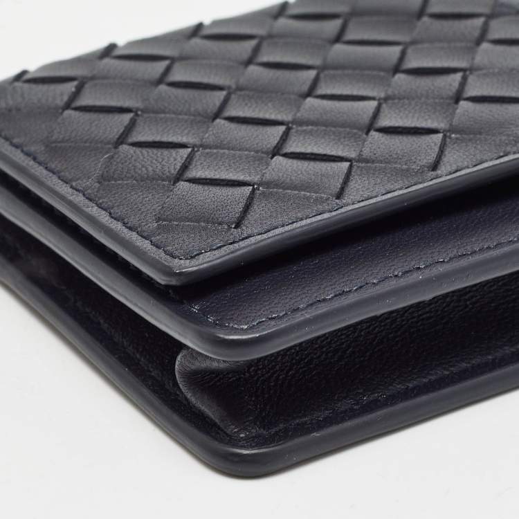 Pre Owned Bottega Veneta Navy Blue Intrecciato Leather and Snakeskin Business Card Holder