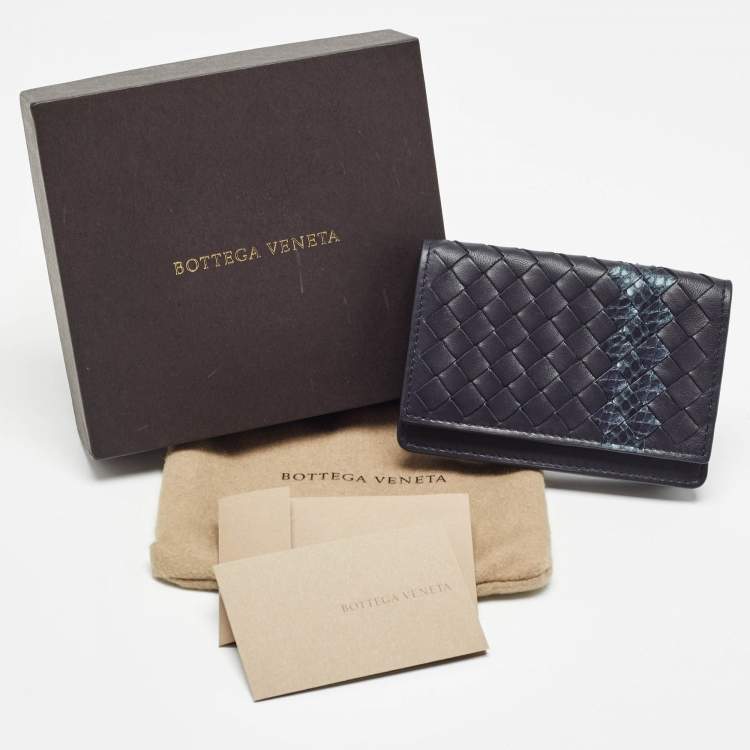 Pre Owned Bottega Veneta Navy Blue Intrecciato Leather and Snakeskin Business Card Holder