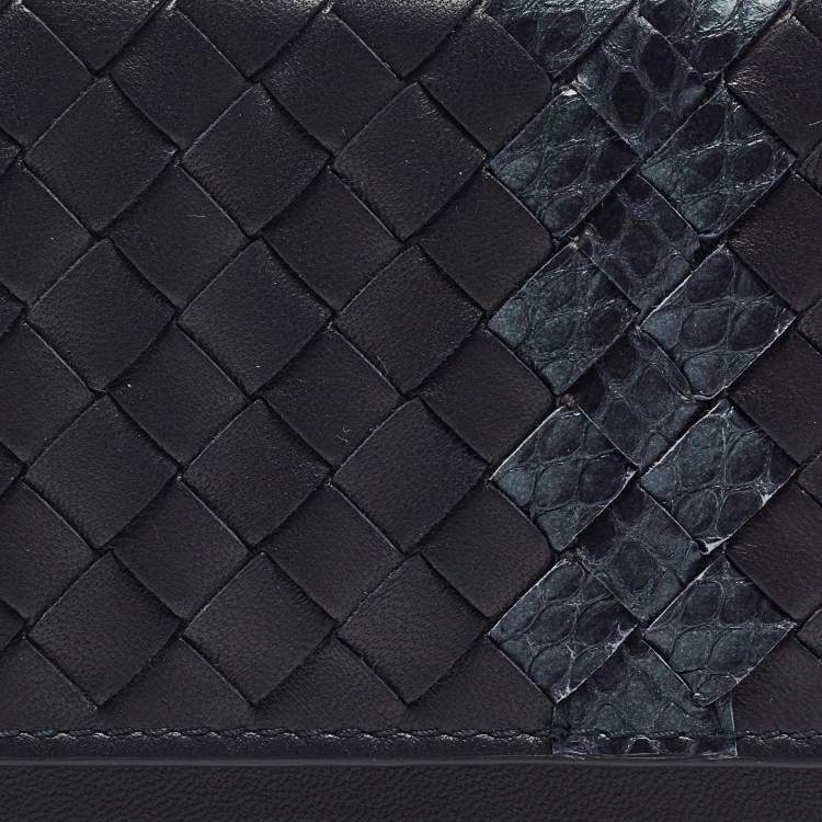 Pre Owned Bottega Veneta Navy Blue Intrecciato Leather and Snakeskin Business Card Holder