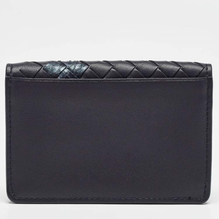 Pre Owned Bottega Veneta Navy Blue Intrecciato Leather and Snakeskin Business Card Holder