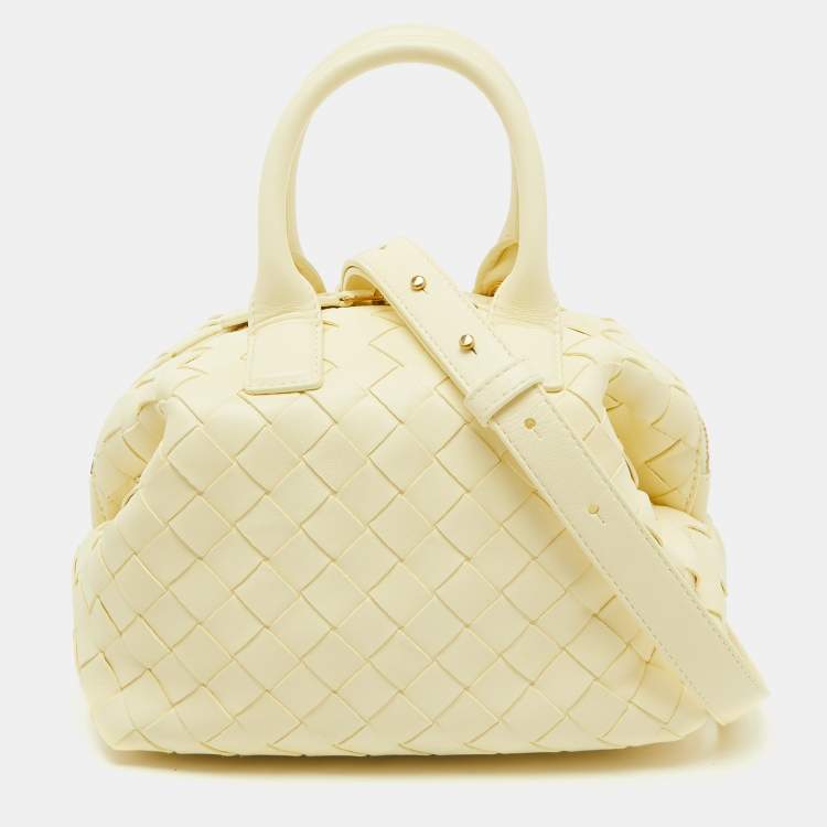 Pre Owned Bottega Veneta Light Yellow Intrecciato Leather Mini Bauletto Bowling Bag