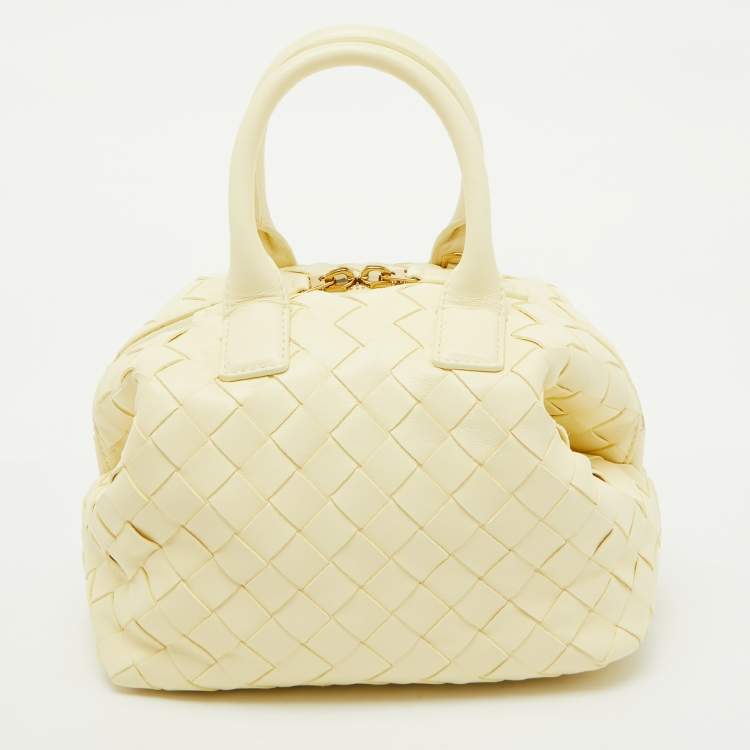 Pre Owned Bottega Veneta Light Yellow Intrecciato Leather Mini Bauletto Bowling Bag