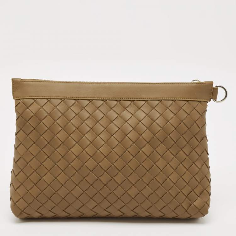 Pre Owned Bottega Veneta Brown Intrecciato Leather Oversized Zip Pouch