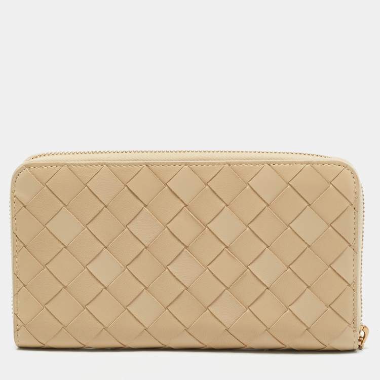 Pre Owned Bottega Veneta Beige Intrecciato Leather Zip Continental Wallet