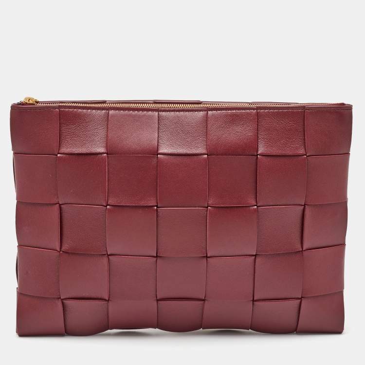 Pre Owned Bottega Veneta Burgundy Intreccio Leather Cassette Flat Pouch