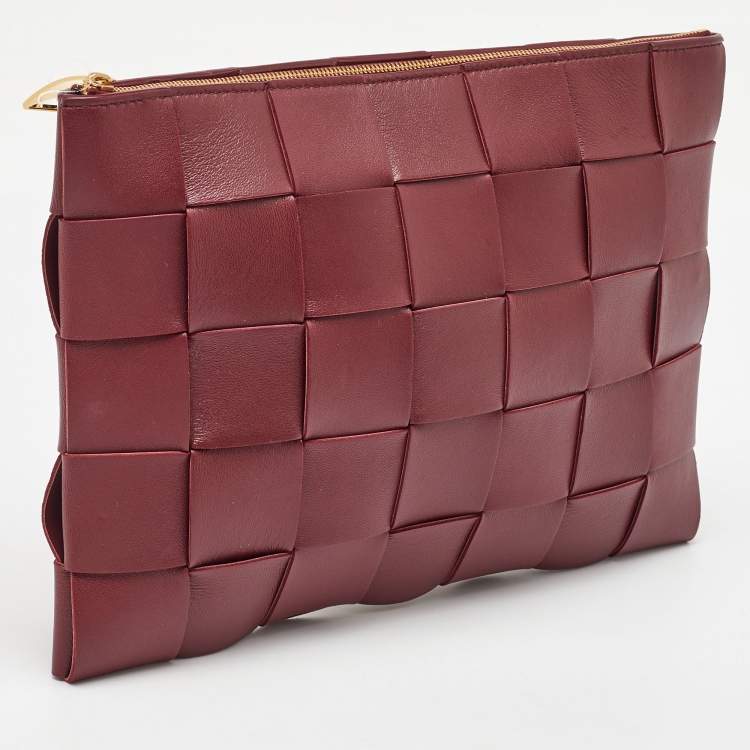 Pre Owned Bottega Veneta Burgundy Intreccio Leather Cassette Flat Pouch