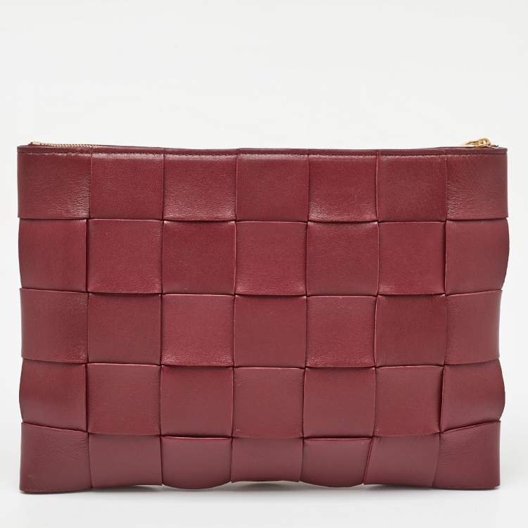 Pre Owned Bottega Veneta Burgundy Intreccio Leather Cassette Flat Pouch