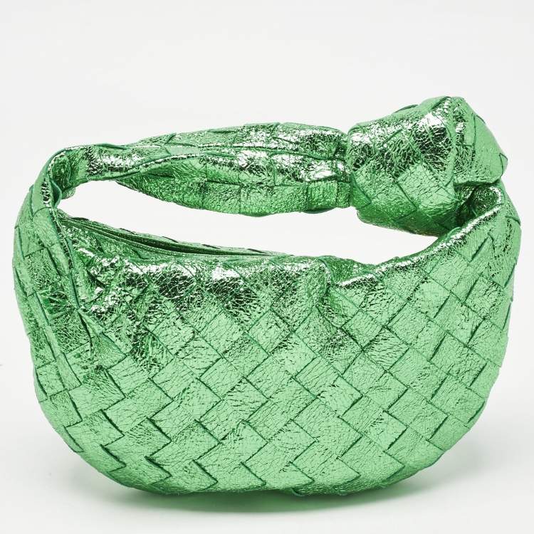 Pre Owned Bottega Veneta Metallic Green Intrecciato Leather Mini Jodie Hobo