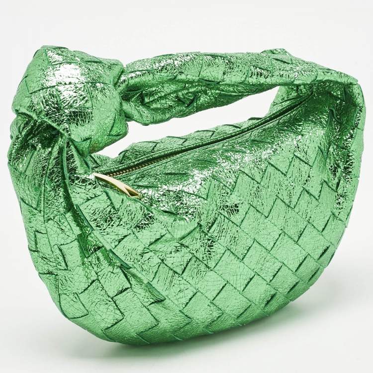 Pre Owned Bottega Veneta Metallic Green Intrecciato Leather Mini Jodie Hobo