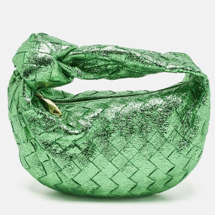 Pre Owned Bottega Veneta Metallic Green Intrecciato Leather Mini Jodie Hobo
