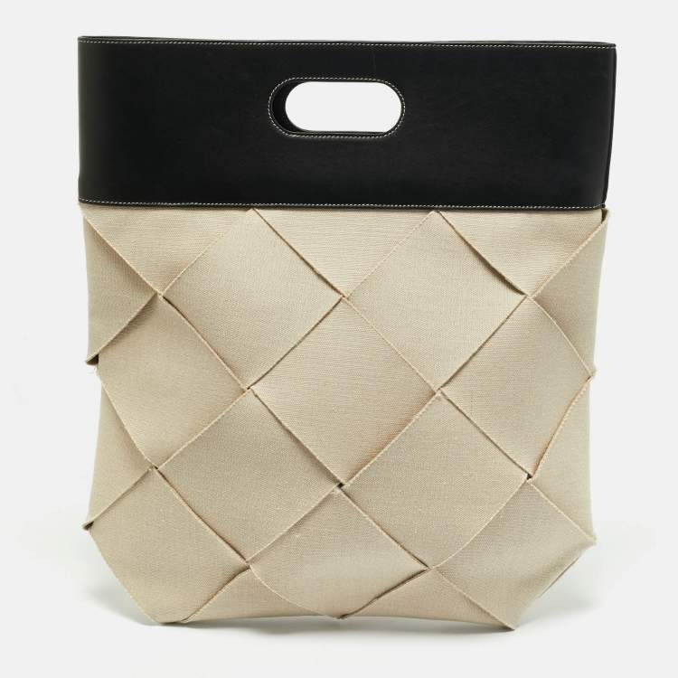 Pre Owned Bottega Veneta Beige/Black Intrecciato Canvas and Leather Slip Tote