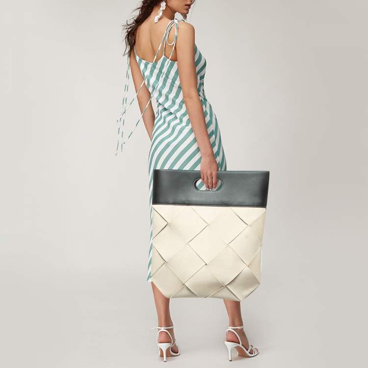 Pre Owned Bottega Veneta Beige/Black Intrecciato Canvas and Leather Slip Tote