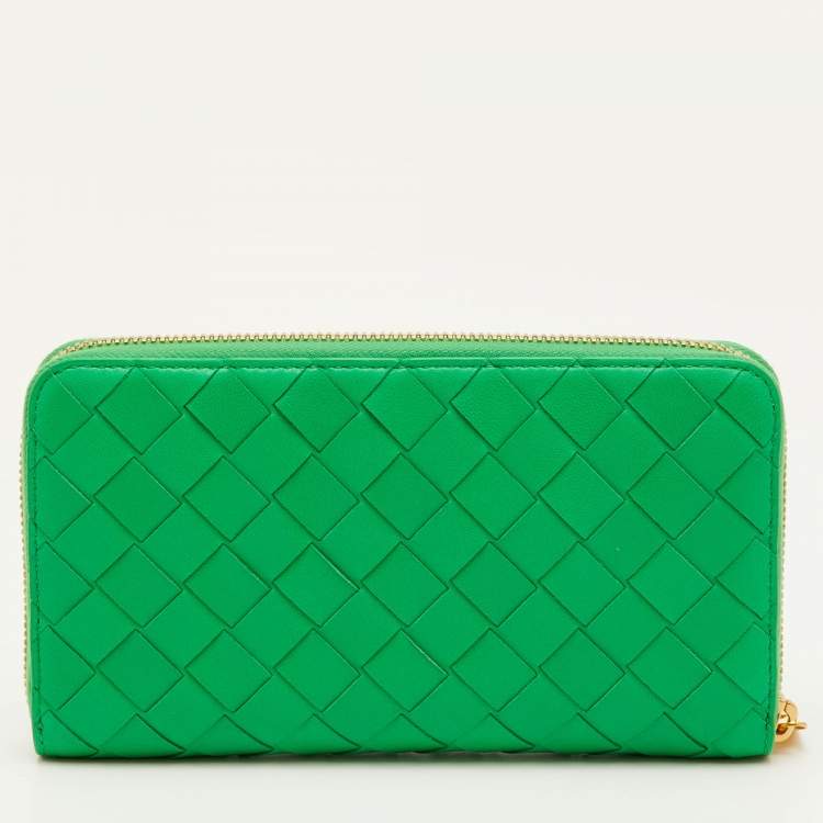 Pre Owned Bottega Veneta Green Intrecciato Leather Zip Around Wallet