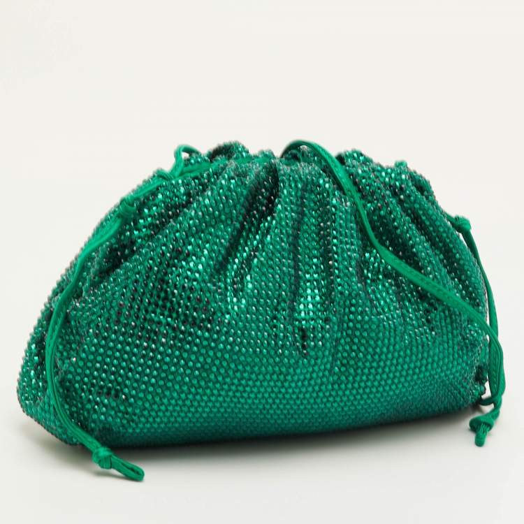Pre Owned Bottega Veneta The Pouch Mini Green Satin Rhinestones Clutch