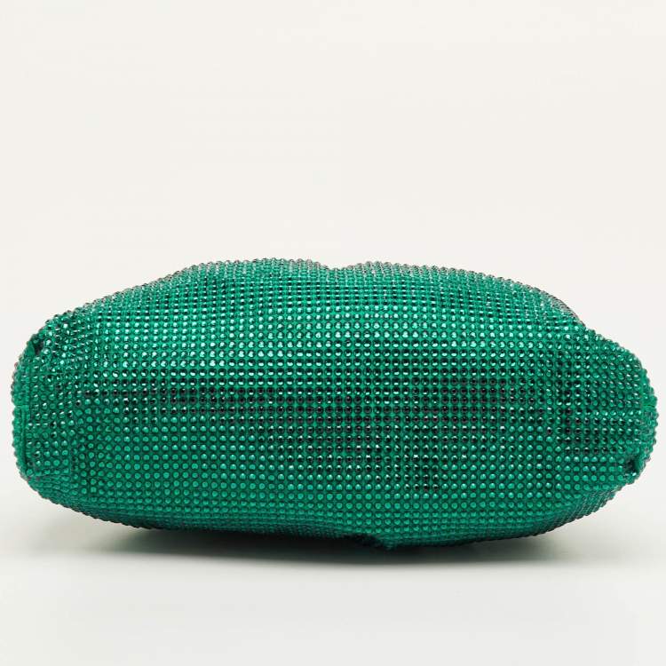 Pre Owned Bottega Veneta The Pouch Mini Green Satin Rhinestones Clutch